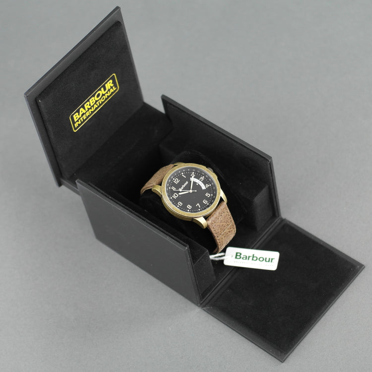 Barbour Bronze tone wrist watch with date and brown leather strap