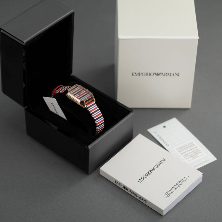 Emporio Armani Two-Hand wrist watch with multicolor striped leather strap and dial