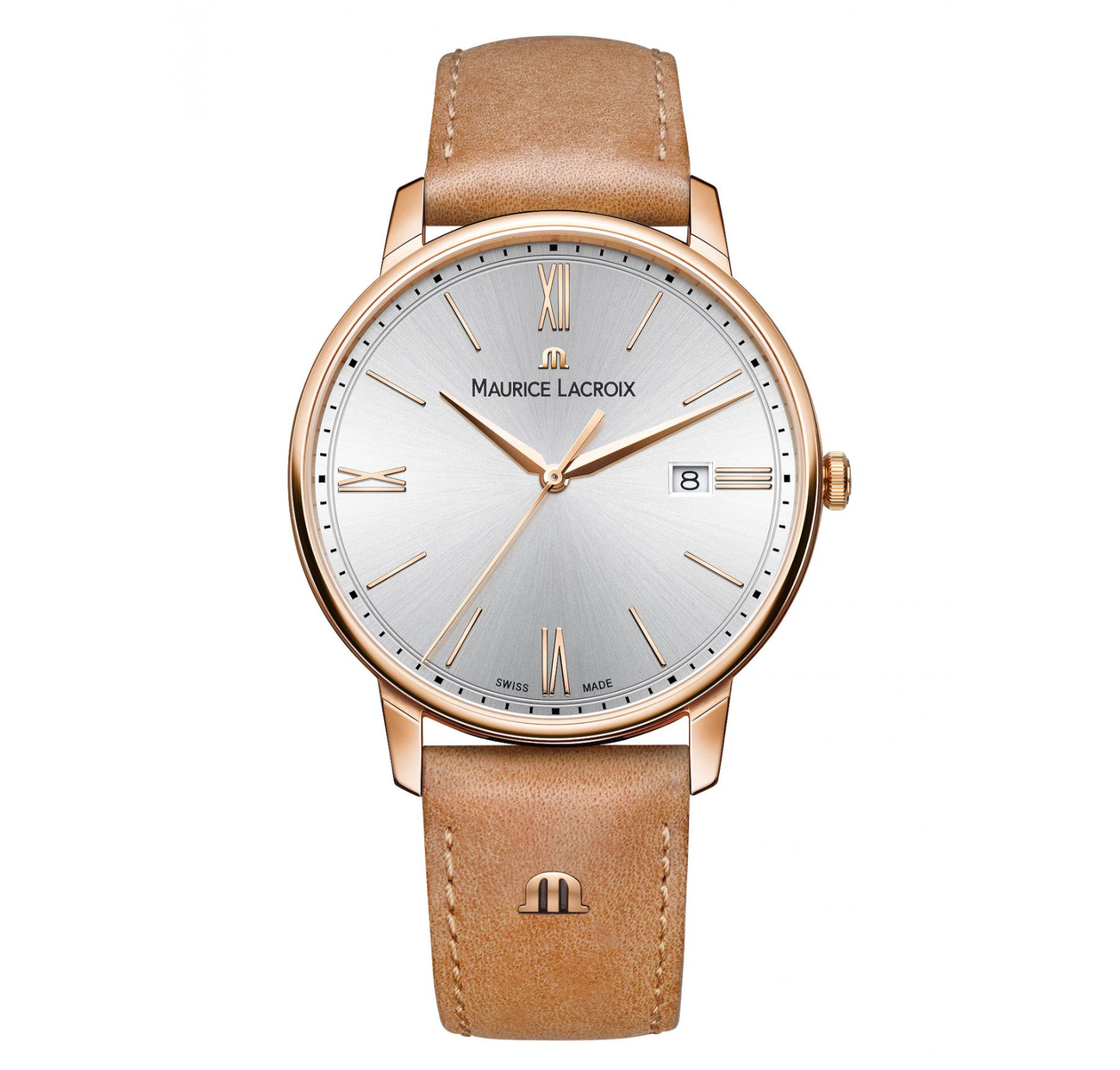 Maurice Lacroix, in der Schweiz hergestellte, vergoldete Eliros Gent-Armbanduhr mit Lederarmband