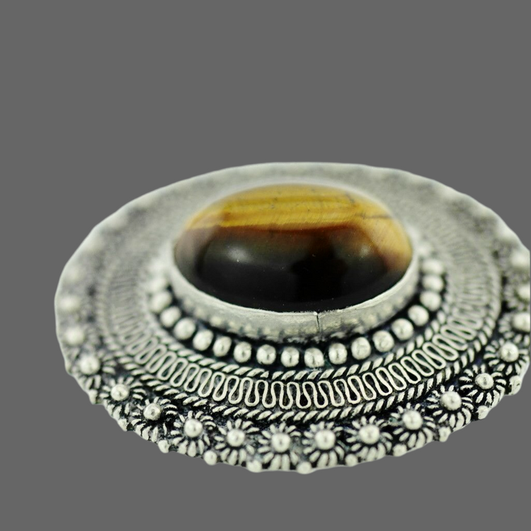 Vintage-Brosche aus massivem Silber mit Tigerauge-Edelstein-Cabochon, Jerusalem 950