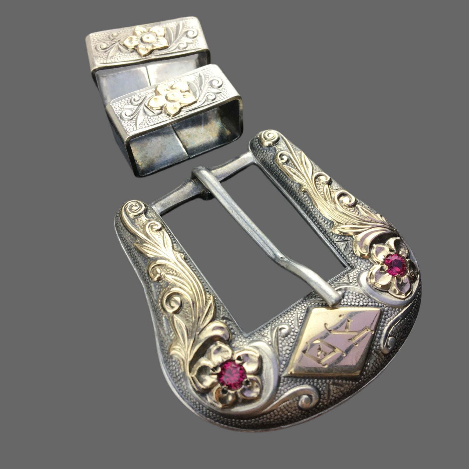 Vintage sterling silver buckle rubies 10K gold elements keepers Nelson Bringhoff