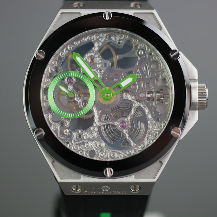 Reloj de pulsera mecánico Constantin Weisz Skeleton con correa de silicona negra