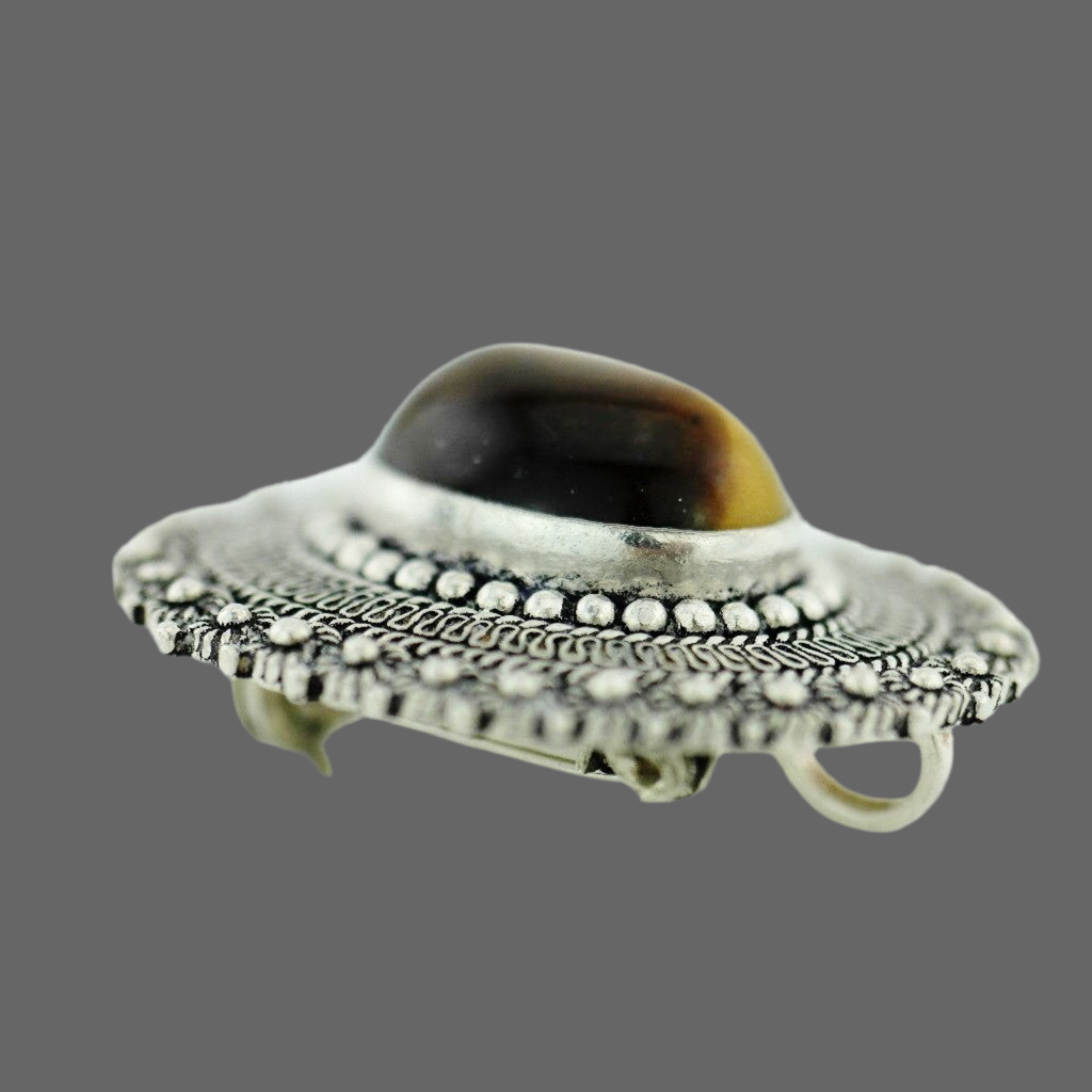 Vintage solid silver pin brooch with Tiger Eye gemstone cabochon Jerusalem 950