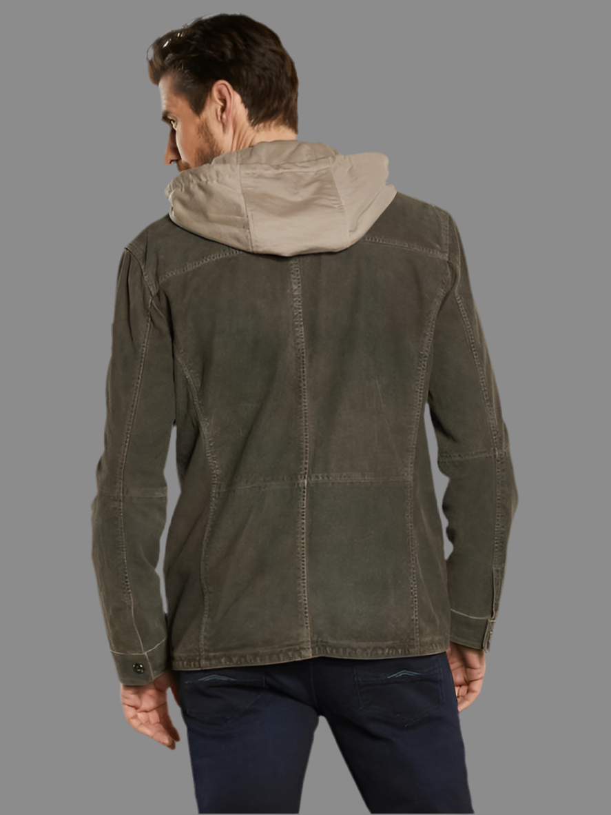 ENGBERS GERMANY Leather Jacket with hood Brownish Khaki GREY WASH