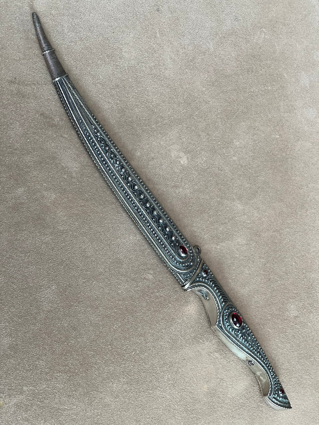 Zaza Revishvili Custom Knife Royal Damascus and Fine Silver Russian Filigree with Scabbard