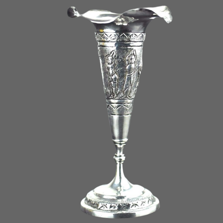 Antique white metal trumpet vase Indian ornamented motive