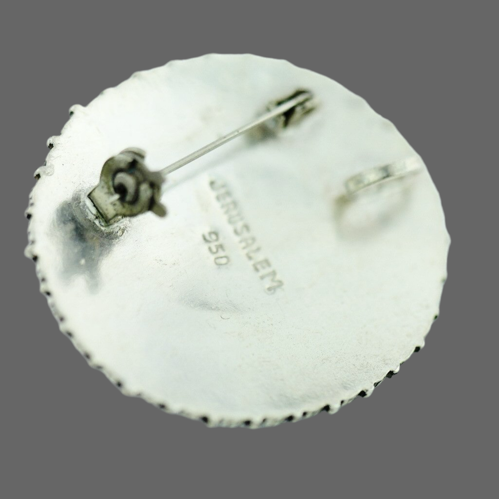 Vintage solid silver pin brooch with Tiger Eye gemstone cabochon Jerusalem 950