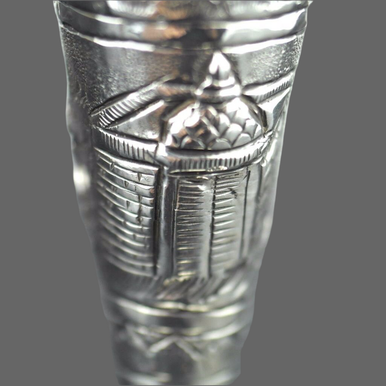 Antique white metal trumpet vase Indian ornamented motive