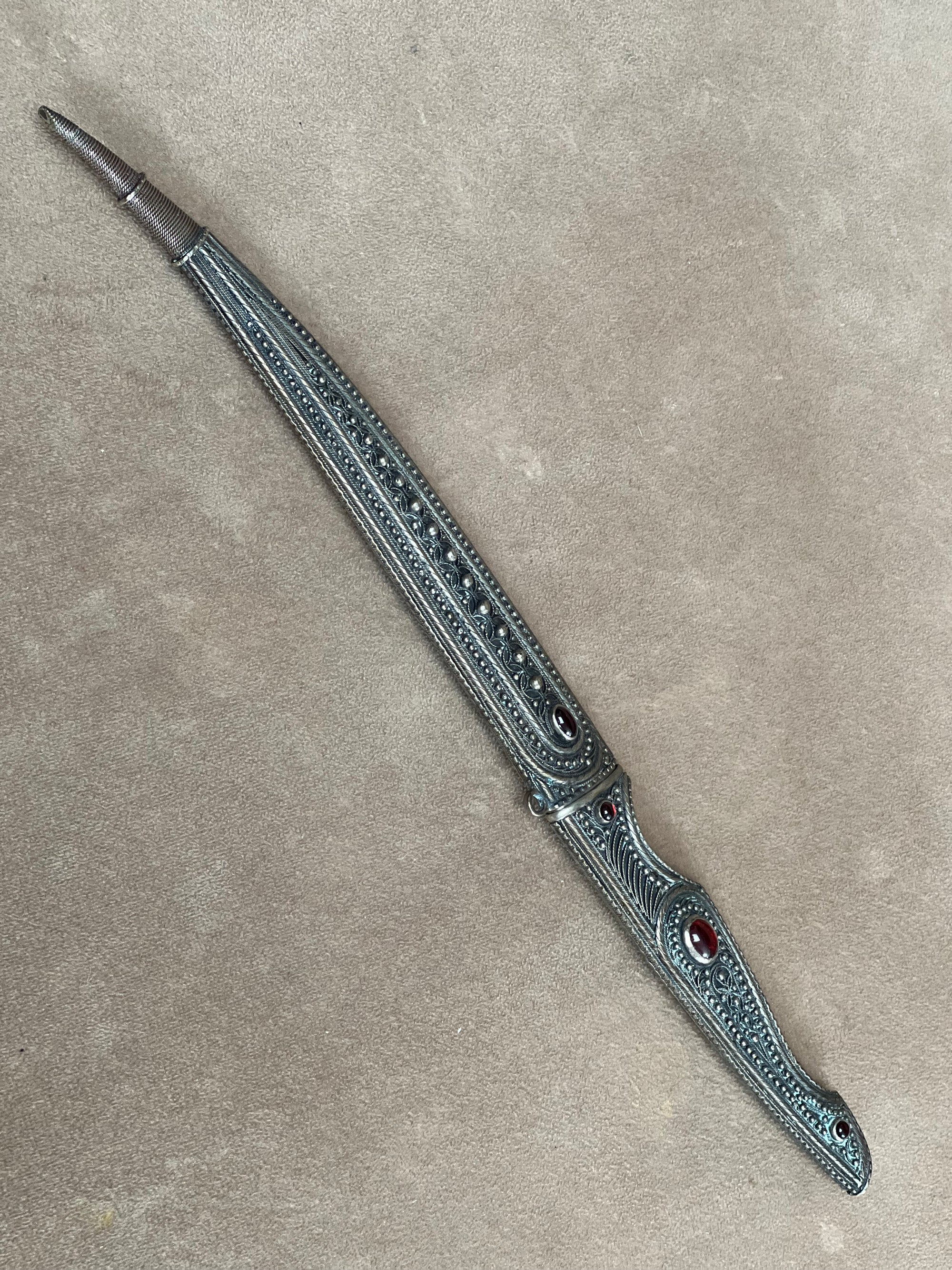 Zaza Revishvili Custom Knife Royal Damascus and Fine Silver Russian Filigree with Scabbard