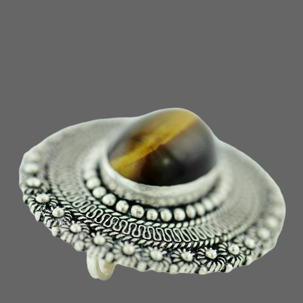 Vintage solid silver pin brooch with Tiger Eye gemstone cabochon Jerusalem 950