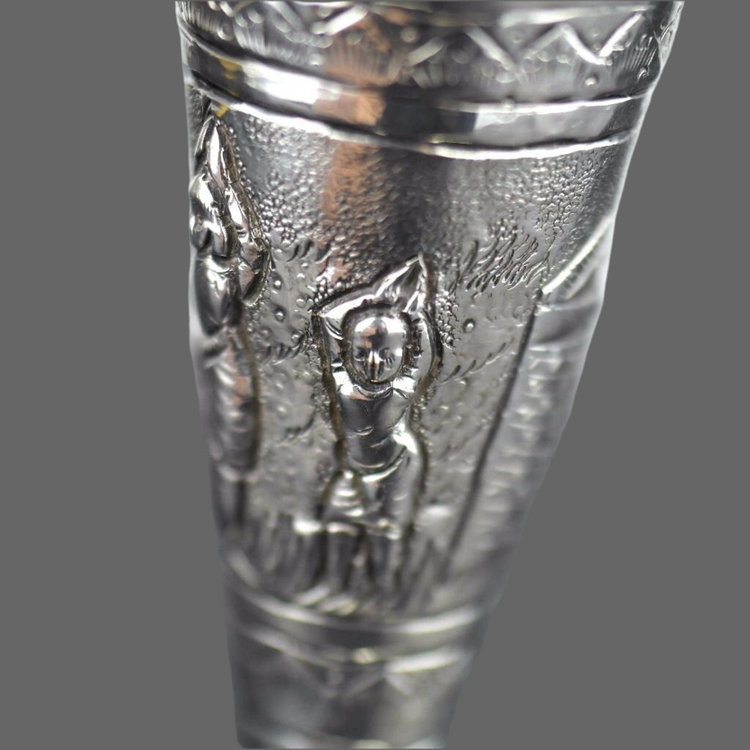 Antique white metal trumpet vase Indian ornamented motive