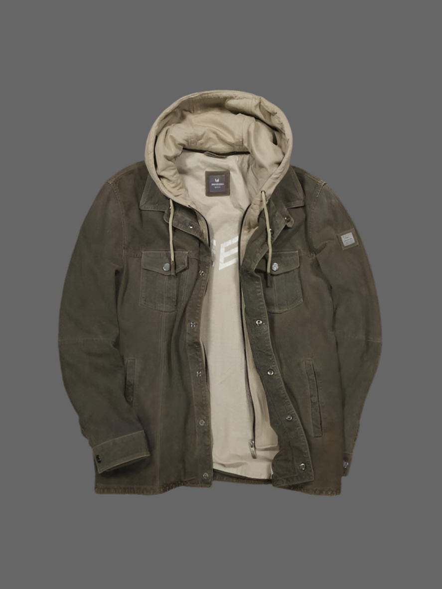 ENGBERS GERMANY Leather Jacket with hood Brownish Khaki GREY WASH