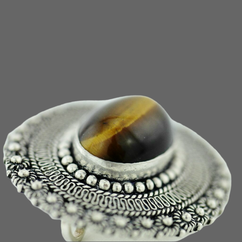 Vintage solid silver pin brooch with Tiger Eye gemstone cabochon Jerusalem 950