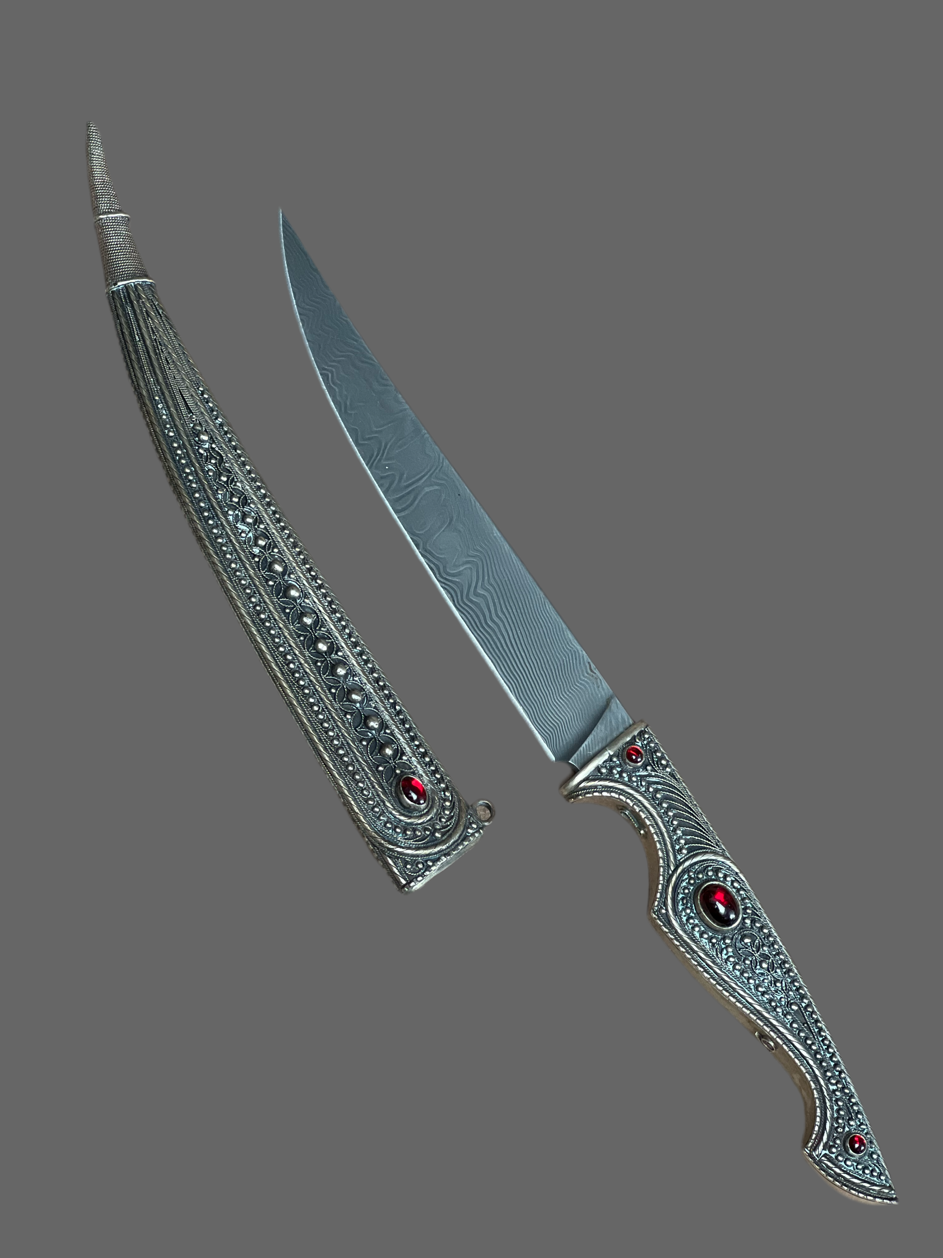 Zaza Revishvili Custom Knife Royal Damascus and Fine Silver Russian Filigree with Scabbard