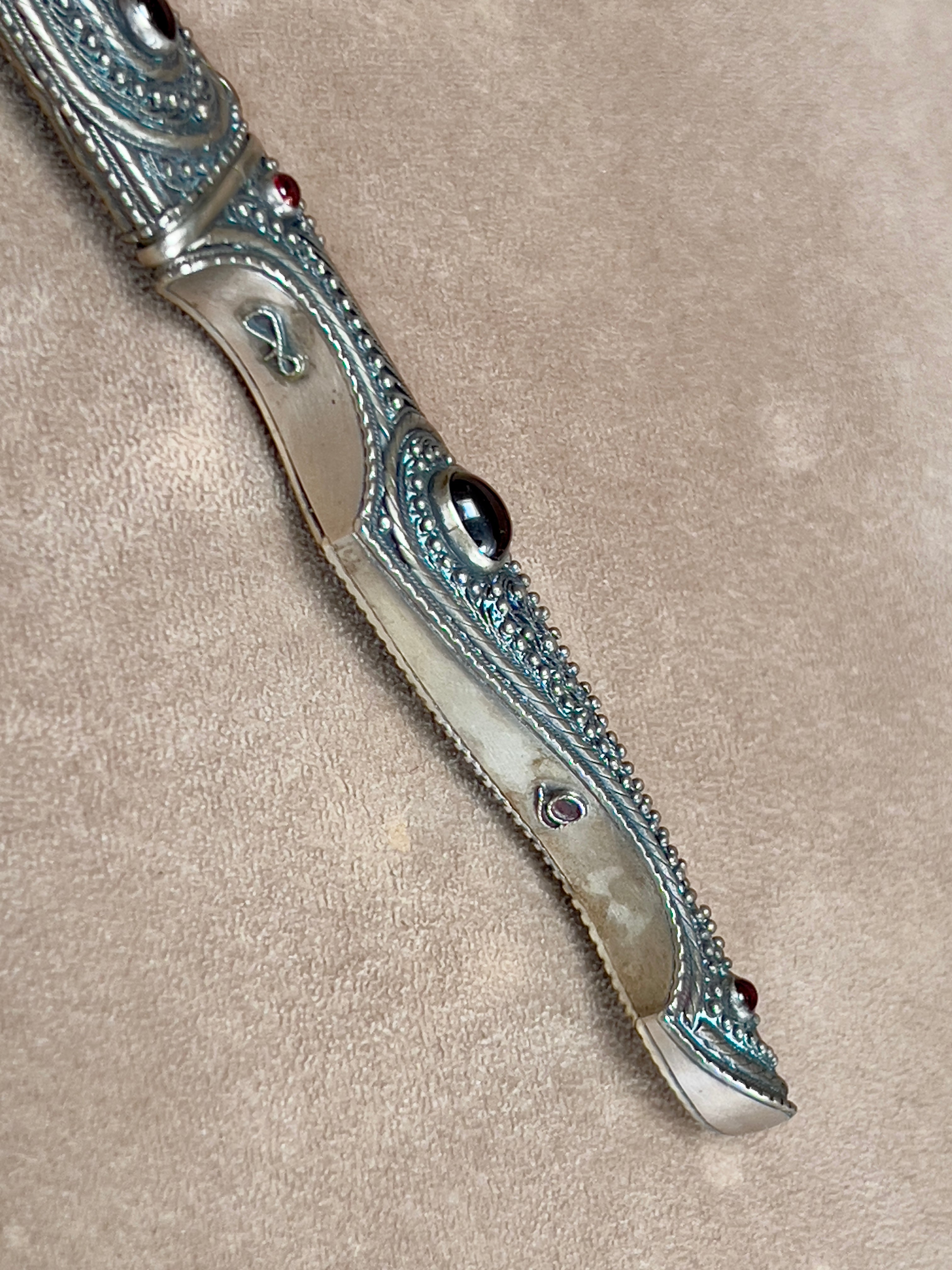 Zaza Revishvili Custom Knife Royal Damascus and Fine Silver Russian Filigree with Scabbard
