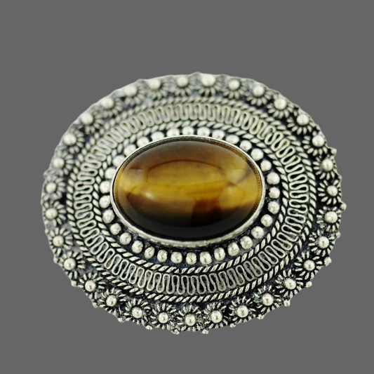 Vintage solid silver pin brooch with Tiger Eye gemstone cabochon Jerusalem 950