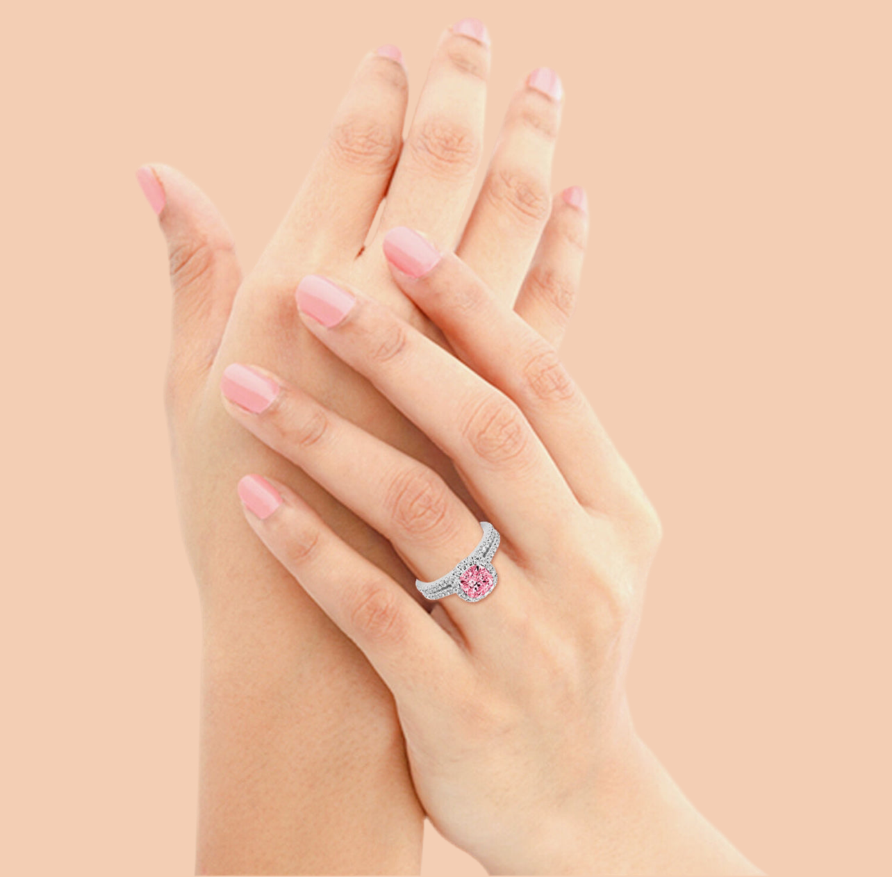 14ct White Gold 1.00ct Pink Cushion and 0.50ct White Round Lab-Grown Diamond Rings set