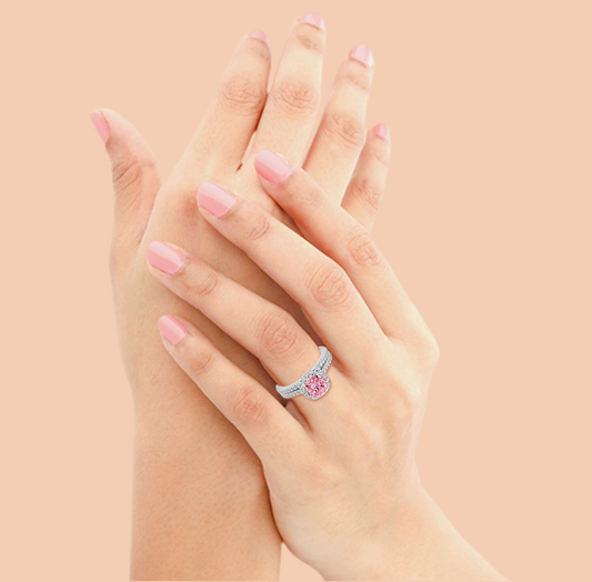 14ct White Gold 1.00ct Pink Cushion & 0.50ct White Round Lab-Grown Diamond Rings