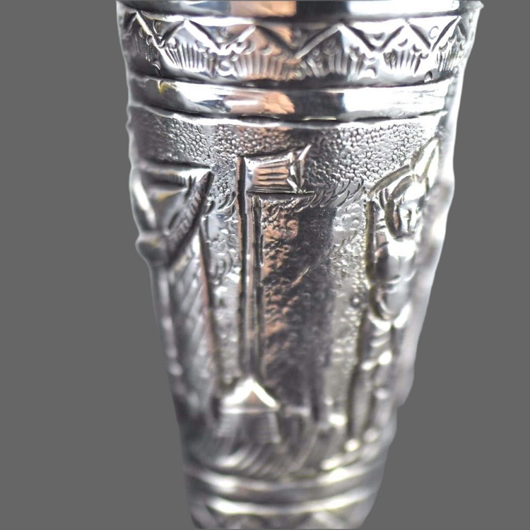 Antique white metal trumpet vase Indian ornamented motive