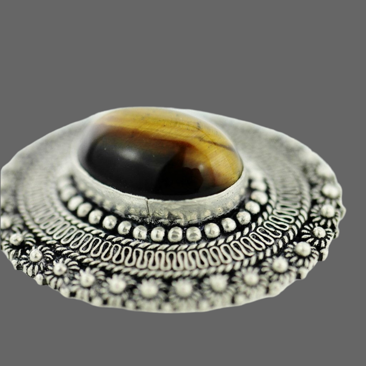 Vintage-Brosche aus massivem Silber mit Tigerauge-Edelstein-Cabochon, Jerusalem 950