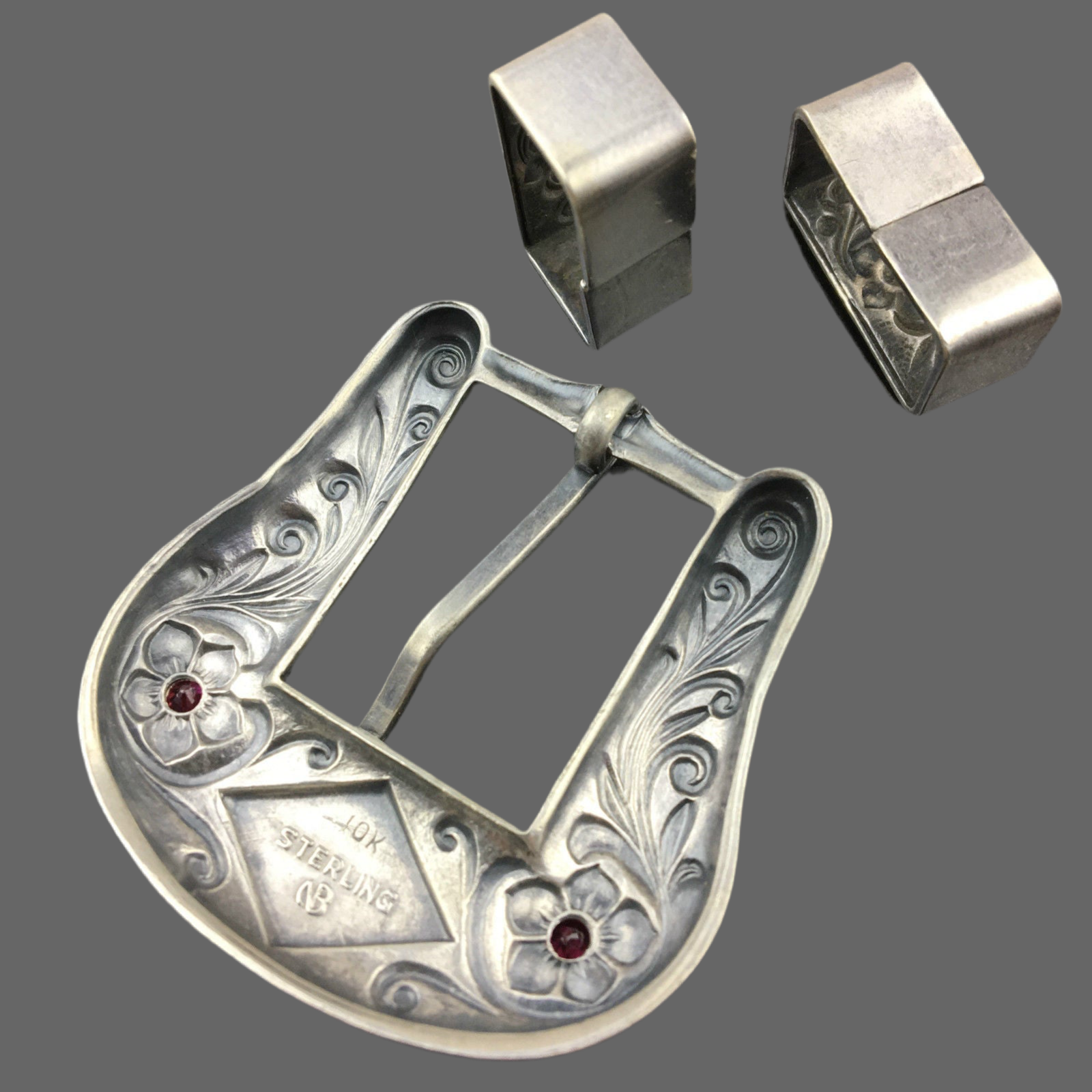 Vintage sterling silver buckle rubies 10K gold elements keepers Nelson Bringhoff
