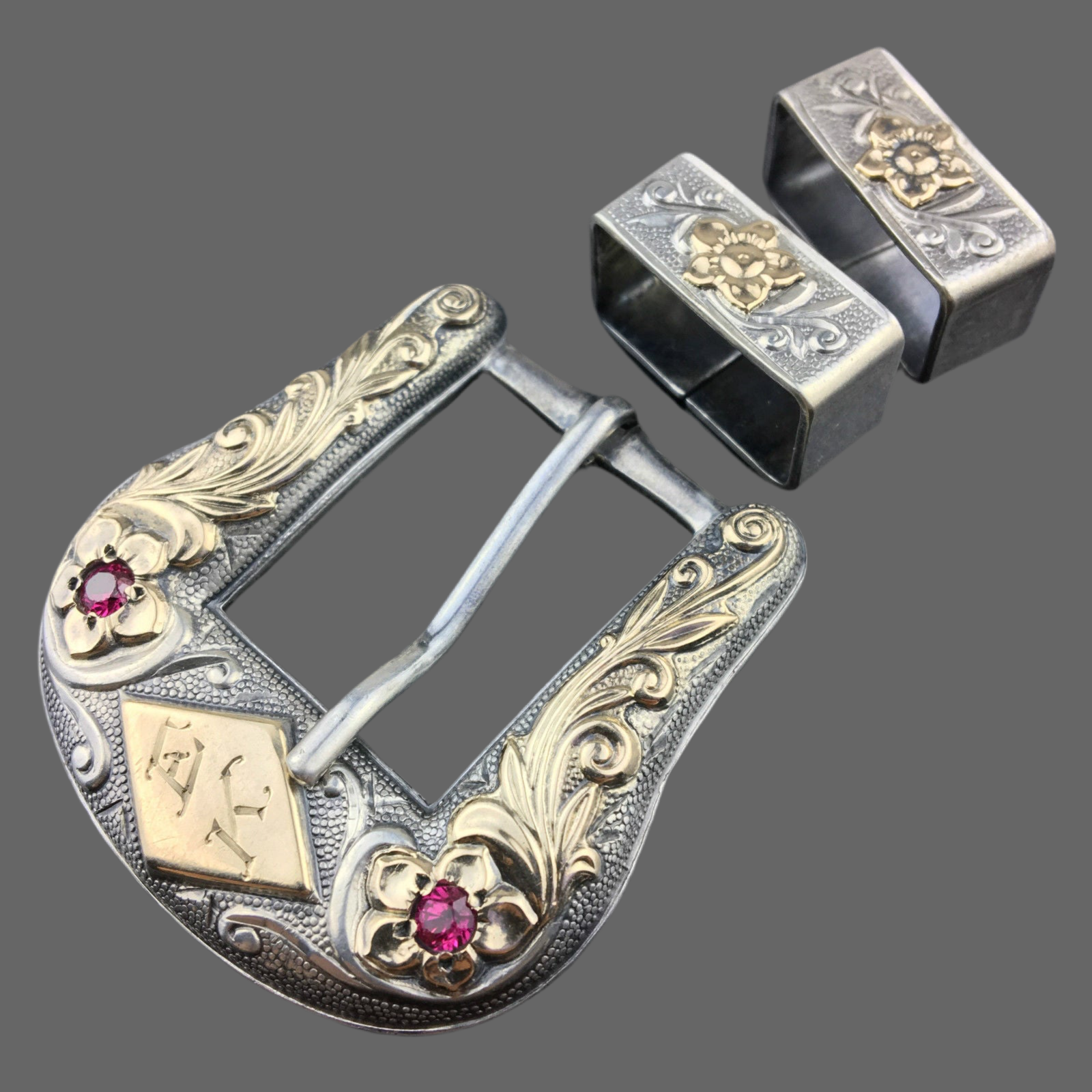 Vintage sterling silver buckle rubies 10K gold elements keepers Nelson Bringhoff