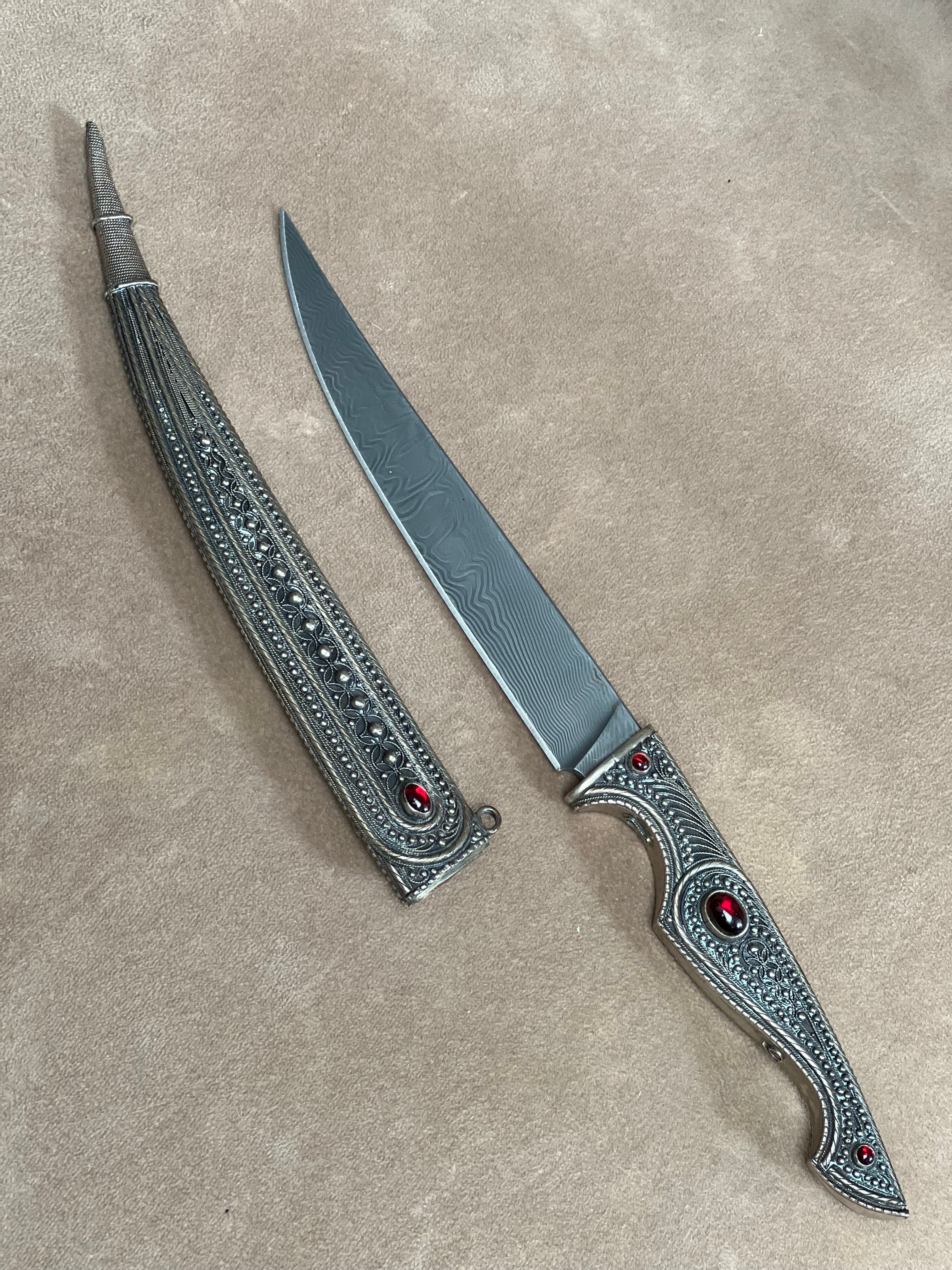 Zaza Revishvili Custom Knife Royal Damascus and Fine Silver Russian Filigree with Scabbard