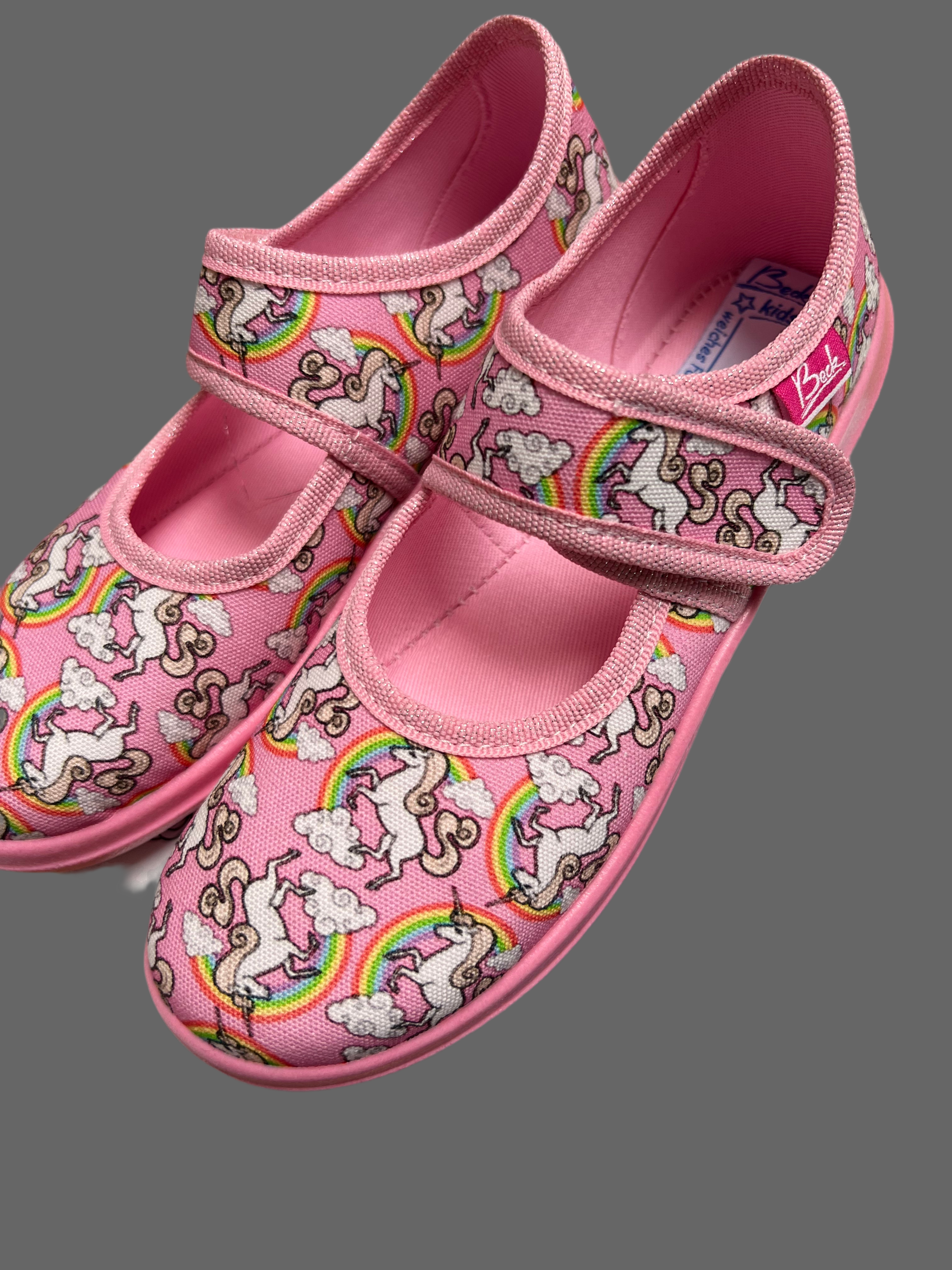 Beck Cotton Rainbow Pink Shoes White Unicorns UK kids Size 12 EU 31 slippers great for dancing or climbing