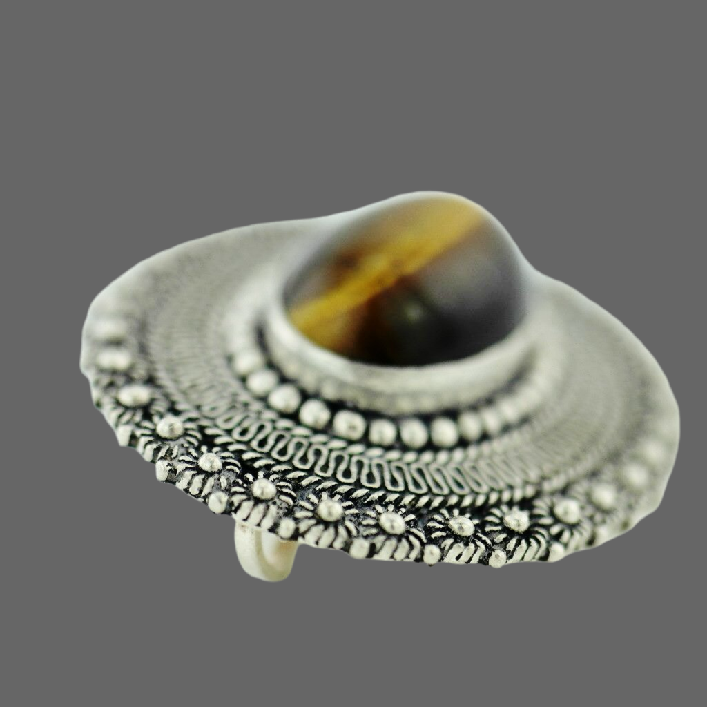 Vintage solid silver pin brooch with Tiger Eye gemstone cabochon Jerusalem 950