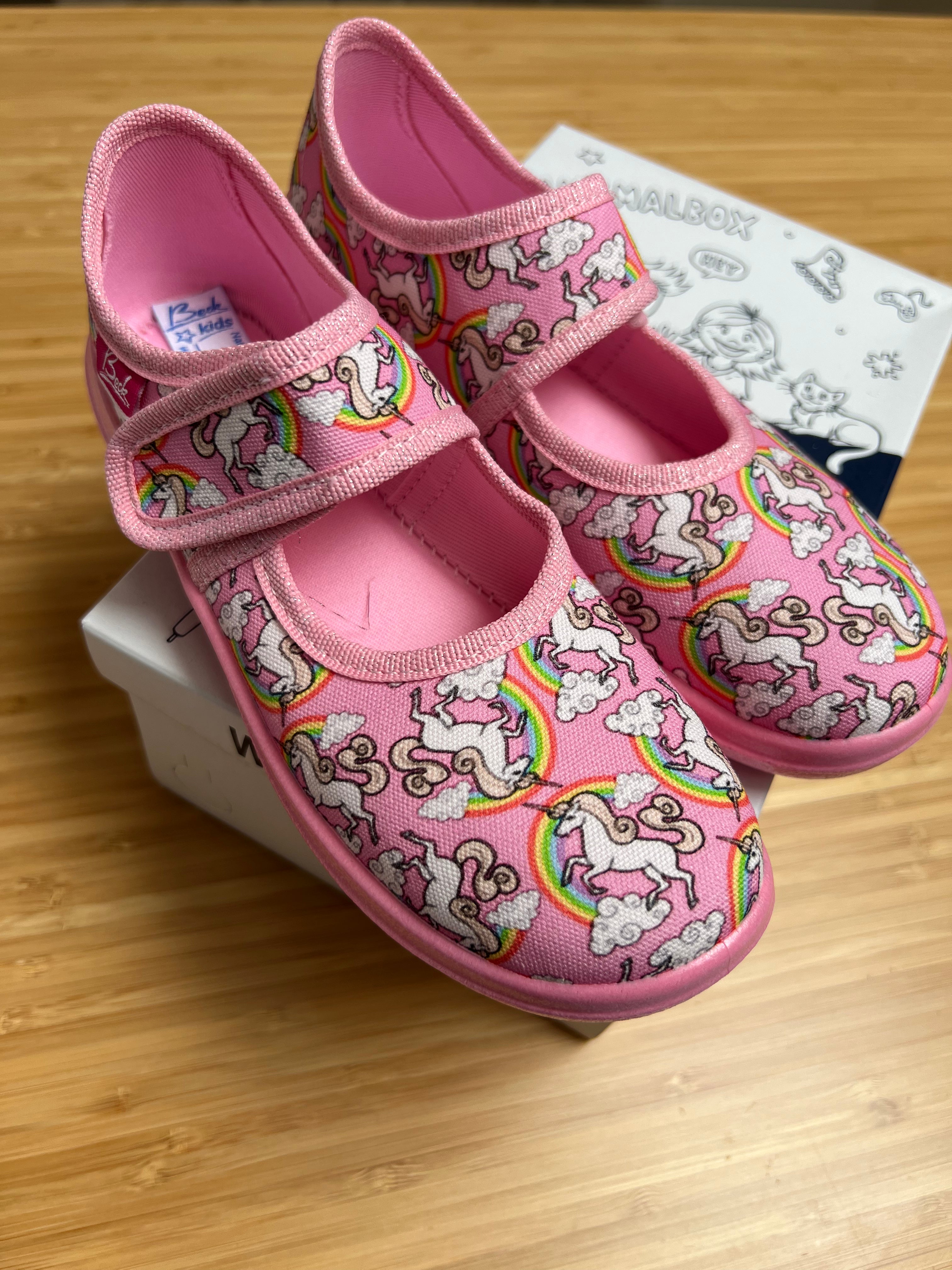 Beck Cotton Rainbow Pink Shoes White Unicorns UK kids Size 12 EU 31 slippers great for dancing or climbing
