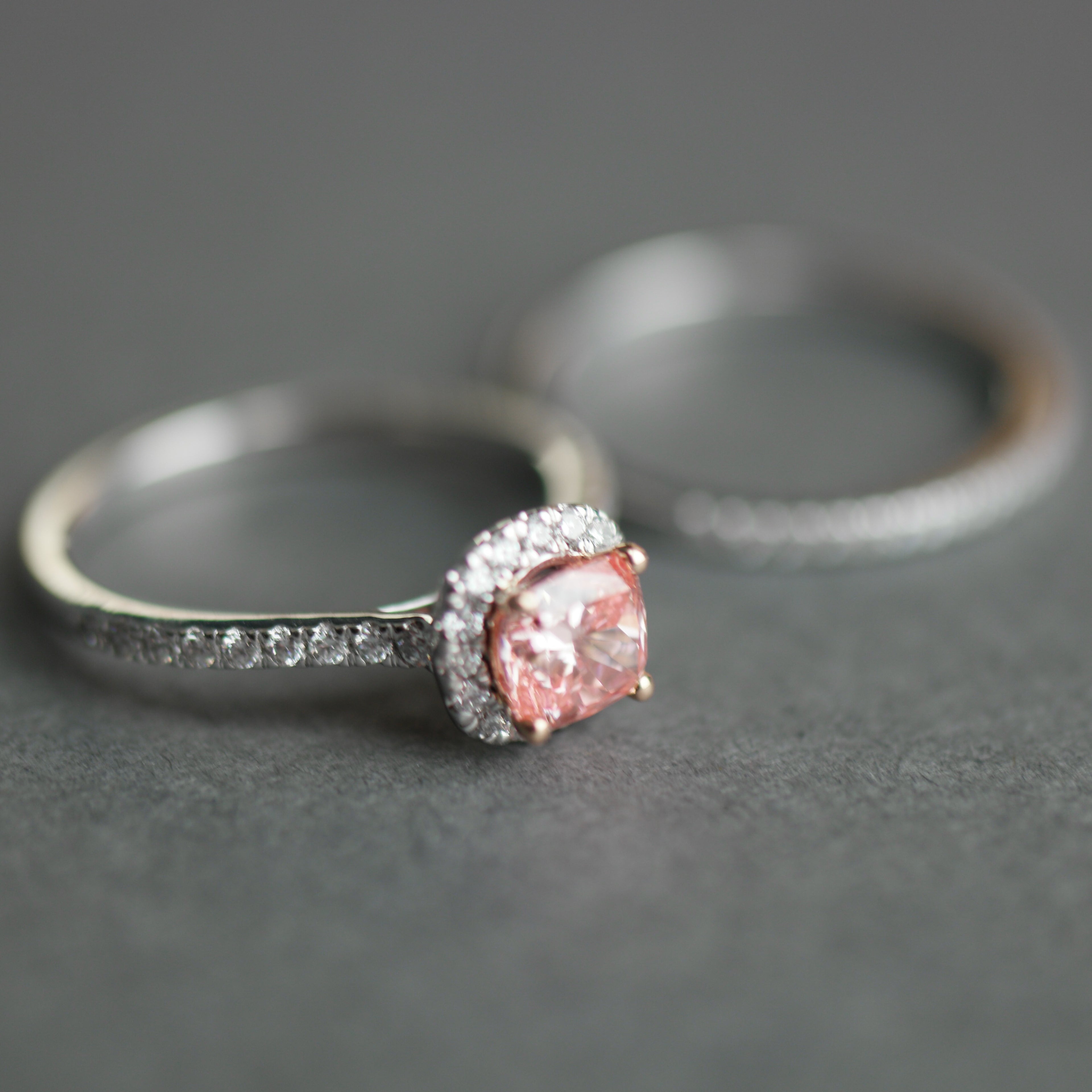 14ct White Gold 1.00ct Pink Cushion and 0.50ct White Round Lab-Grown Diamond Rings set