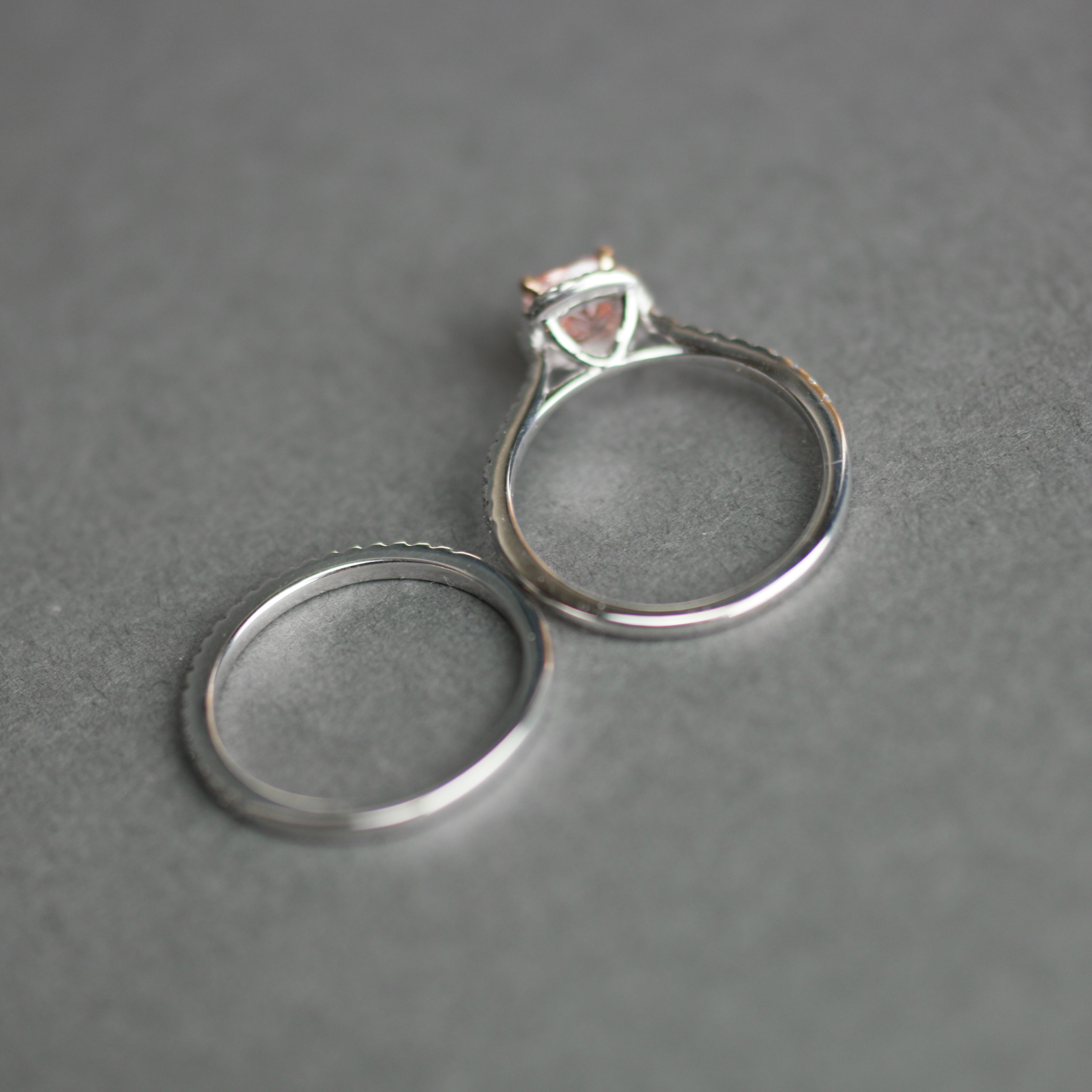 14ct White Gold 1.00ct Pink Cushion and 0.50ct White Round Lab-Grown Diamond Rings set