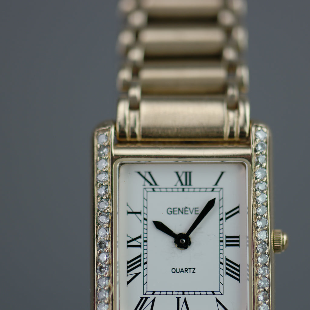 Geneve Ladies Solid 9ct Gold wristwatch - Diamond Bezel - Sapphire Crystal - Roman Dial - UK Hallmarked