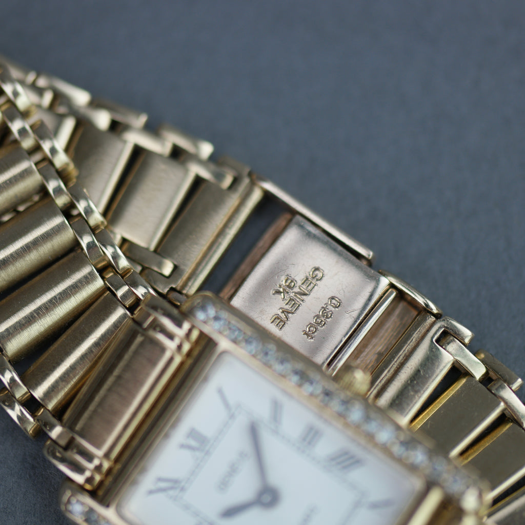Geneve Ladies Solid 9ct Gold wristwatch - Diamond Bezel - Sapphire Crystal - Roman Dial - UK Hallmarked