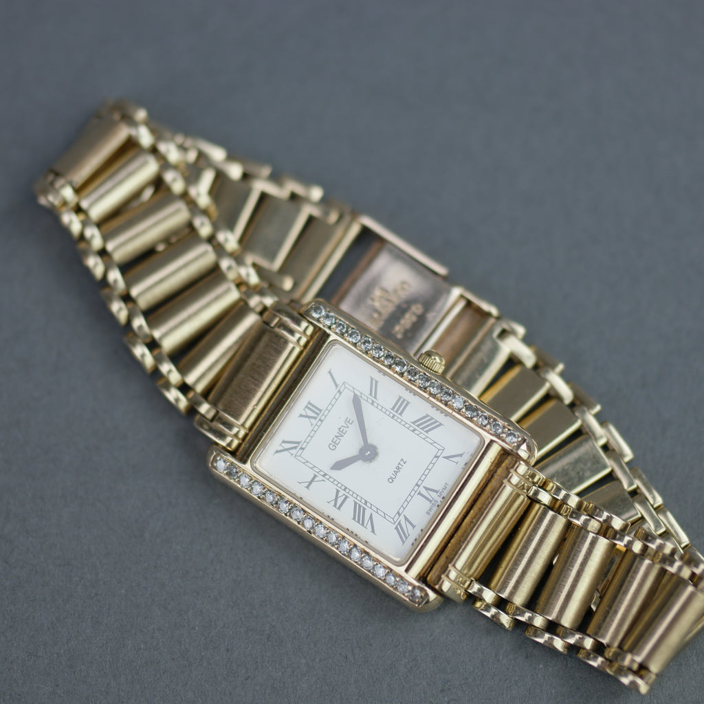 Geneve Ladies Solid 9ct Gold wristwatch - Diamond Bezel - Sapphire Crystal - Roman Dial - UK Hallmarked