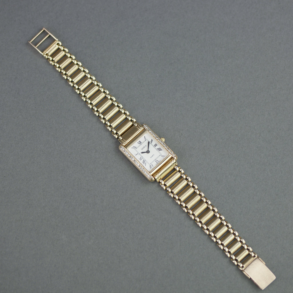 Geneve Ladies Solid 9ct Gold wristwatch - Diamond Bezel - Sapphire Crystal - Roman Dial - UK Hallmarked