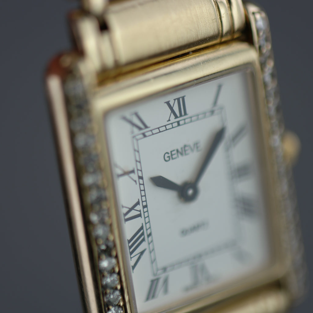 Geneve Ladies Solid 9ct Gold wristwatch - Diamond Bezel - Sapphire Crystal - Roman Dial - UK Hallmarked