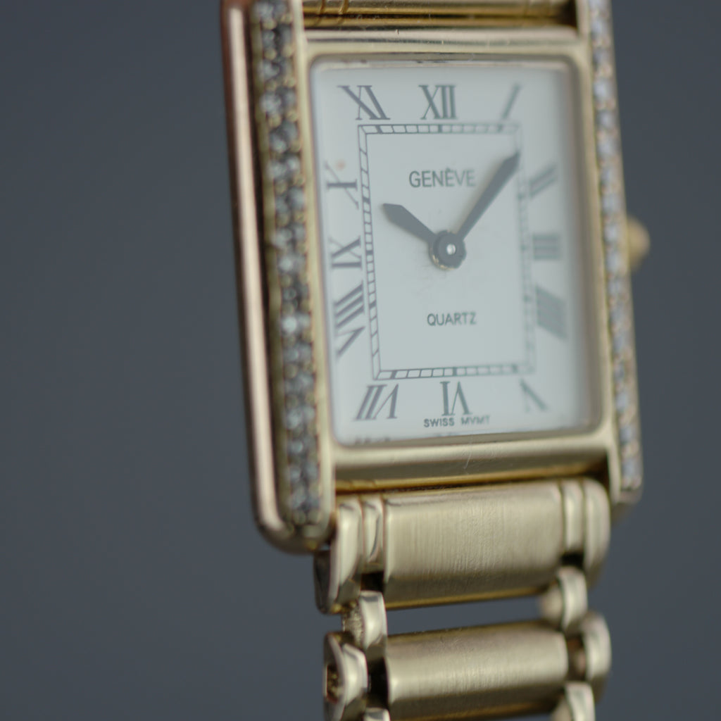 Geneve Ladies Solid 9ct Gold wristwatch - Diamond Bezel - Sapphire Crystal - Roman Dial - UK Hallmarked