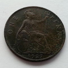 Vintage 1927 un centavo moneda del Imperio Británico George V Inglaterra