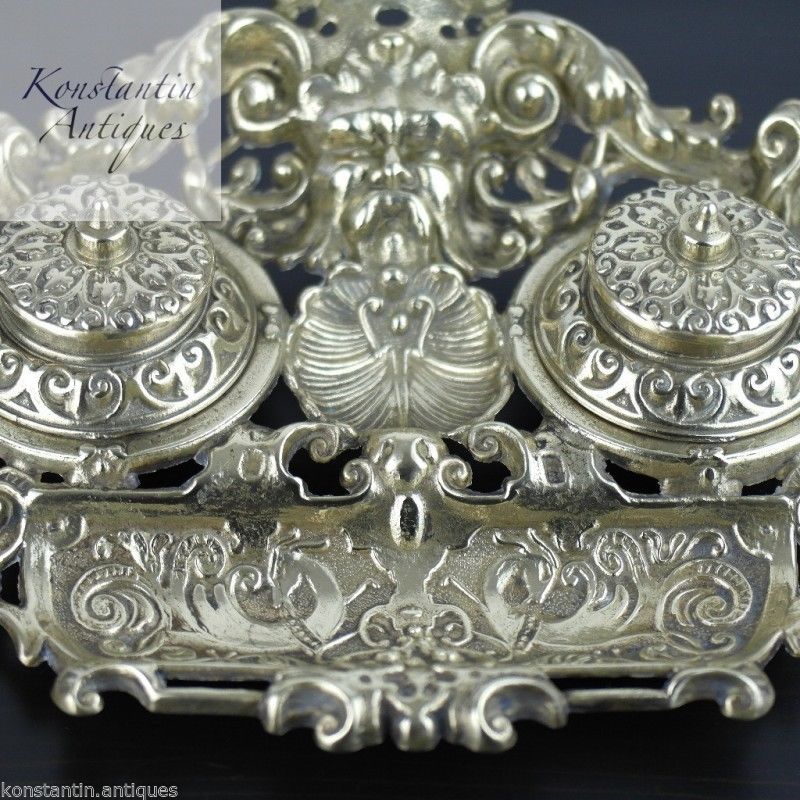 Antique solid brass double inkwell ornamented British Empire