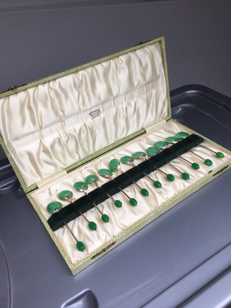 Antique set of ten c. 1913 enamel sterling silver spoons