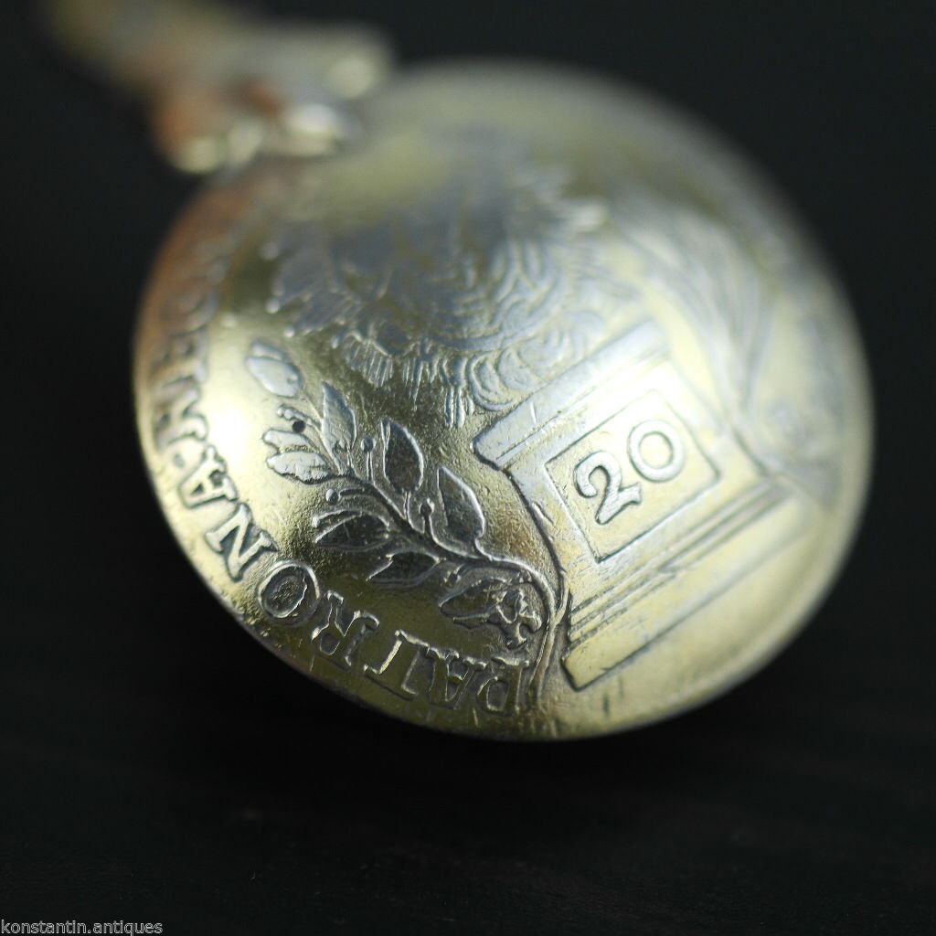 Antiguo 1763 plata dorada 20 Kreuzer moneda cuchara Theresia Imperio Austriaco 800
