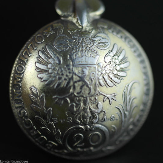 Antique 1770 gild silver 20 Kreuzer coin spoon Theresia Austrian Empire 800