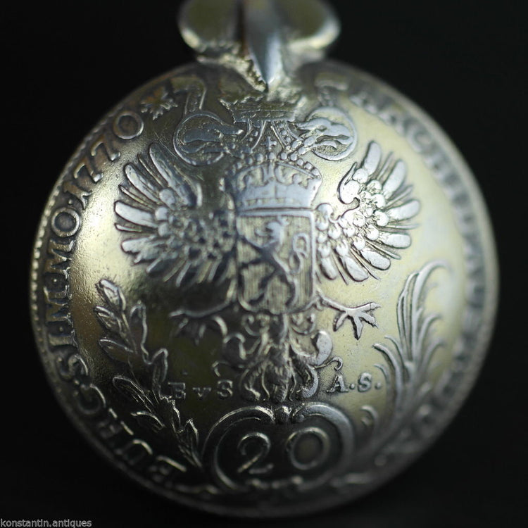Antiker 20-Kreuzer-Münzlöffel aus vergoldetem Silber aus dem Jahr 1770, Theresia, Österreichisches Kaiserreich, 800