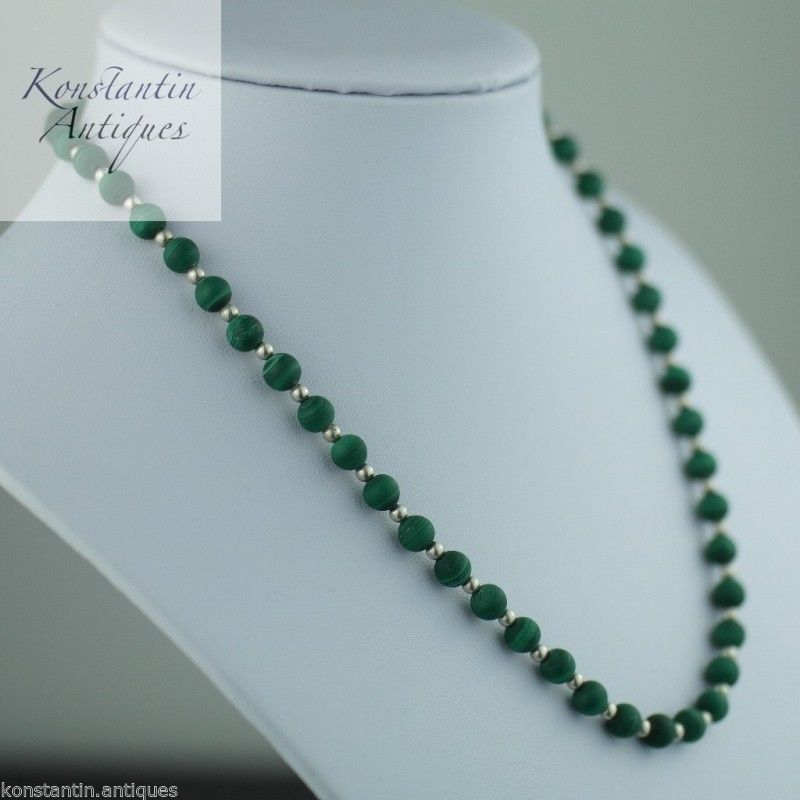 Antique malachite and sterling silver beads necklace