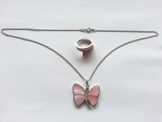Halskette aus Sterlingsilber mit Ring und Schmetterlingsanhänger, Perlmutt-Motiv