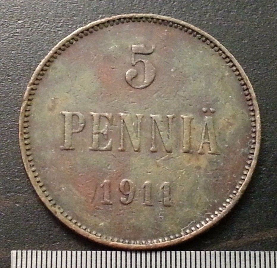 Moneda antigua de 1911 5 pennias Emperador Nicolás II del Imperio Ruso Finlandia