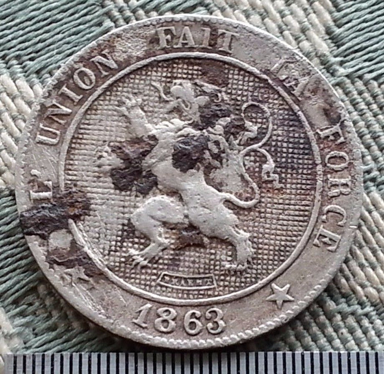 Antike Münze von 1863, 5 Centimes, Léopold I. von Belgien, Löwe L'union fait la force
