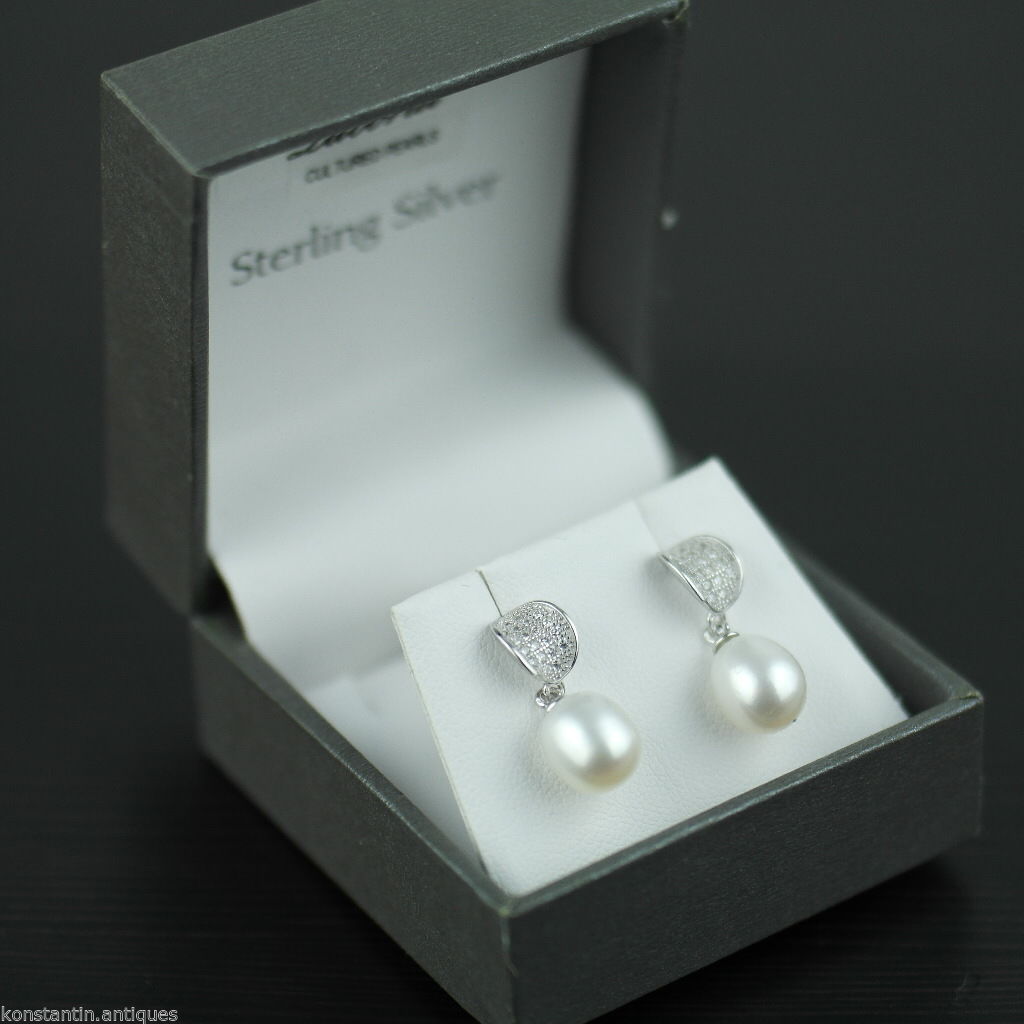 Stylish sterling silver cultured pearls earrings CZ Lucoral 925