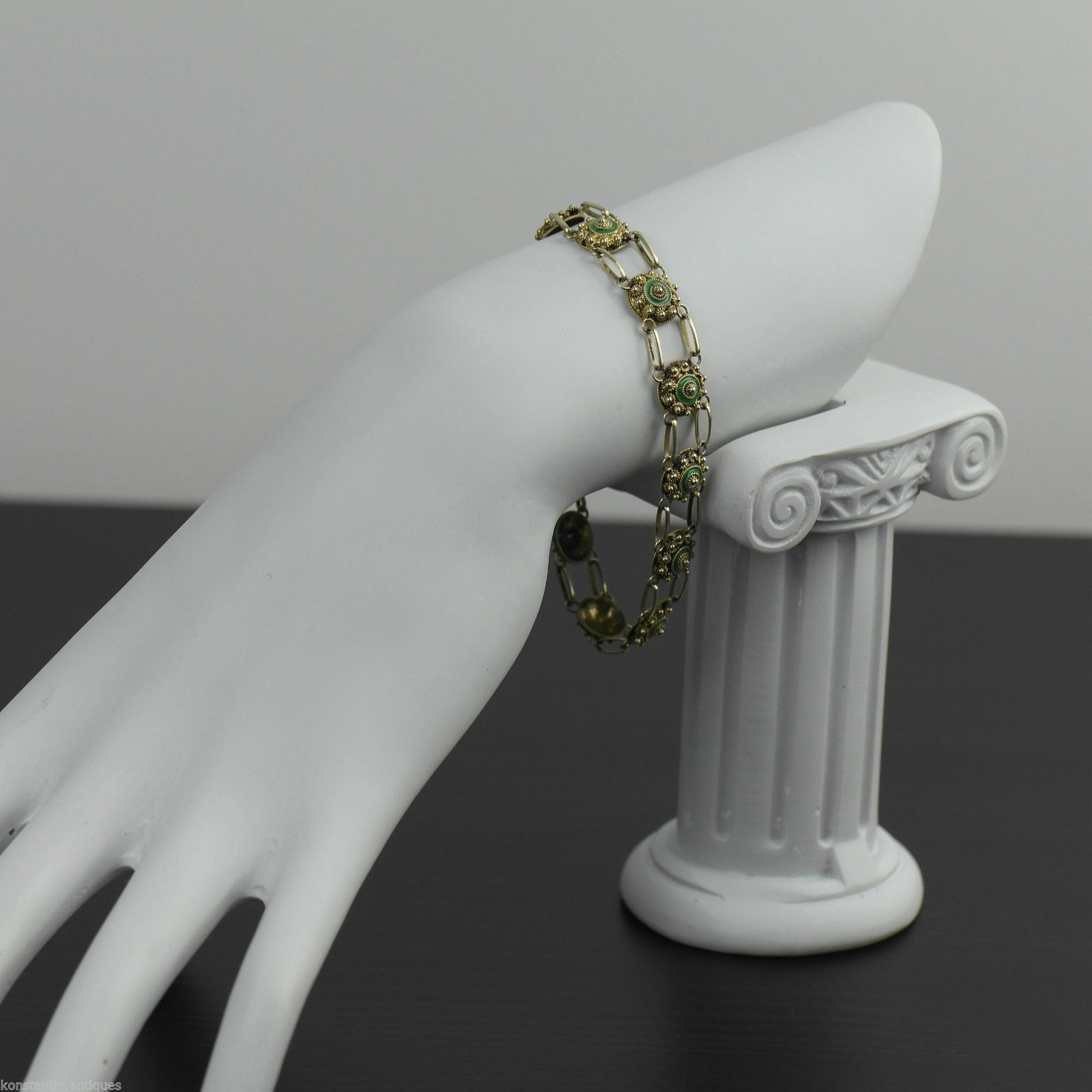 Cadena de pulsera antigua de esmalte guilloché bañada en oro de plata maciza del siglo XX Proto 833 